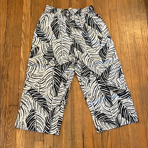 Cynthia Rowley Pants Womens M Black White Leaves Linen Wide Leg Pull On Coastal - Picture 1 of 9